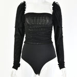 Lace see-through pleated long sleeve bodysuit