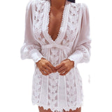 White Elegant Dresses Sexy V Neck Lace Dress Long Puff Sleeve Butterfly Dress For Women